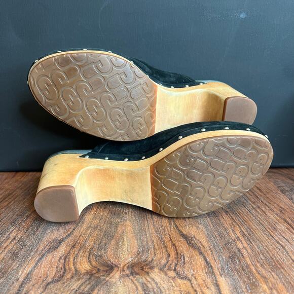 UGG Australia Black Suede Leather Studded Wood Heel Platform Clogs Mules - Picture 5 of 16
